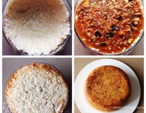 Укладываем рис в форму, формируя бортики. Прижимаем рис руками, как бы немного утрамбовывая его и повторяя форму.  Оставляем немного риса, которым накроем верх нашей рисовой бомбы. В центре углубление, в которое выкладываем нашу курино-овощную начинку. У меня как раз начинки получилось, чтобы заполнить всю форму (угадала так). Отложенный рис, распределяем поверх начинки.
В разогретую до 180°С духовку отправляем форму и выпекаем бомбу минут 20-25. По истечении времени вынимаем из духовки и даем блюду постоять минут 20. Переворачиваем на блюдо.