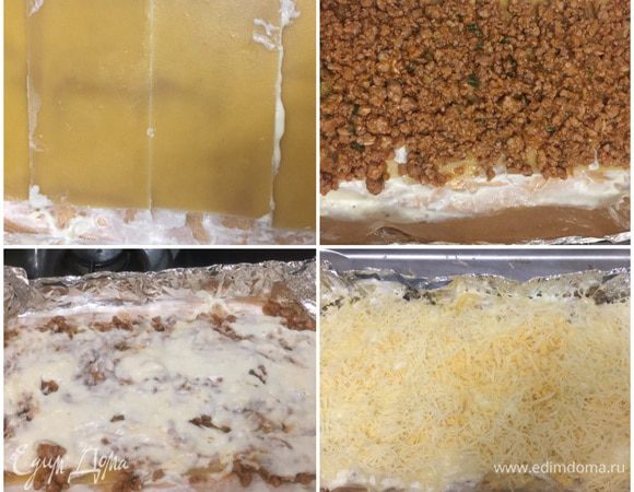 Затем берем форму (я делала ее из фольги в 4 листа и положила на дно пергамент). Пергамент смазываем соусом бешамель, далее кладем листы лазаньи, на них — соус балоньезе, соус бешамель и слой сыра и повторяем столько, сколько вы хотите, чтобы было у вас слоев. Обычно это четыре (у меня три). Последний слой нужно промазать соусом бешамель и должен заканчиваться сыром.