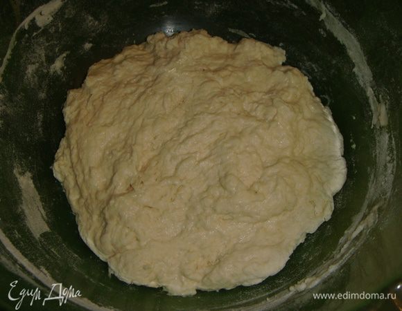 Чашку с тестом накрыть пленкой и оставить бродить при комнатной температуре на 12 часов.