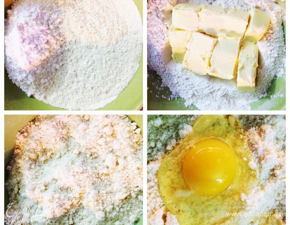 Готовим песочное тесто — основу пирога.
Муку просеиваем. Добавляем кусочки мягкого масла, сахарную пудру, яйцо и щепотку соли. Замешиваем тесто. 