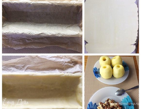 Форму для запекания пирога (у меня форма для кекса 30Х10 см) застелить пекарской бумагой. 
Тесто раскатать в пласт толщиной около 0,5 см и выложить в форму, формируя бортики. Излишки теста обрезать.  