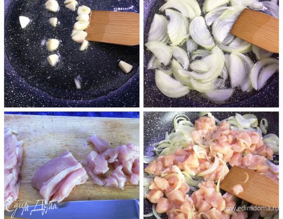 Варим картофель в мундире.
Пока варится картофель готовим начинку для запеканки. Разогреем сковороду с оливковым маслом, припустим в нем 2 дольки чеснока для аромата. Вынимаем чеснок и отправляем нарезанную луковицу обжариваться  до прозрачности (у меня полукольцами нарезан). Нарезаем кубиком куриное филе и отправляем к луку. 