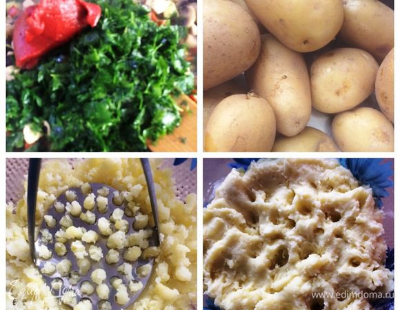 К полученной курино-овощной смеси добавляем томатное пюре и зелень петрушки. Тушим все вместе. Солим, перчим по вкусу и добавляем итальянские травки. Я еще добавила немного замороженного базилика. 
Вареный картофель чистим и разминаем. Добавляем оливковое масло, соль, 2 чубчика толченного чеснока и яичный белок. Все тщательно перемешиваем (я воспользовалась погружным блендером).
