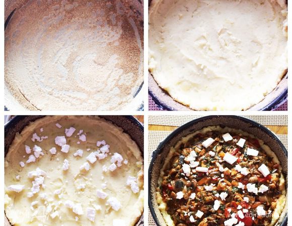 Подготовим форму (у меня разъемная  - 26 см), в которой будем выпекать запеканку. Дно застелить пекарской бумагой. Смазать дно и стенки формы оливковым маслом. Обсыпать панировочными сухарями. Выкладываем картофельное пюре на дно, утрамбовываем немного, формируя и бортики из пюре. Оставляем на глаз часть пюре и для покрытия запеканки сверху. 
На основу крошим немного брынзы. Сверху выкладываем начинку. Добавляем еще немного брынзы. 