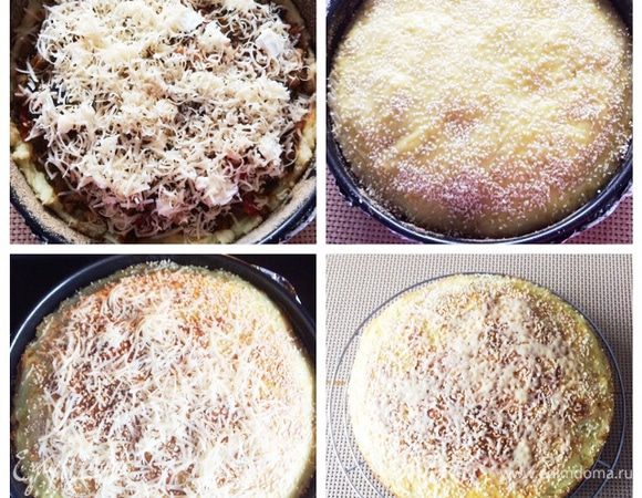 Обсыпаем тертым пармезаном и закрываем начинку оставшимся пюре. Смазываем запеканку желтком и при желании обсыпаем кунжутом.
Отправляем форму в разогретую духовку до 180 градусов на 30 минут. Когда запеканка была готова, я обсыпала ее тертым пармезаном и на пару минут опять отправила в духовку, пока сыр просто растаял. 
Запеканку оставляем отдыхать минут 20-30. Затем зовем всех к столу и кормим сытным обедом или ужином.    