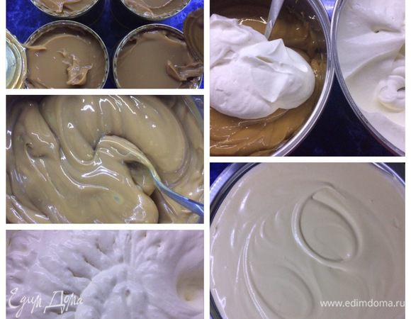 Варим баночку сгущенного молока около 1,5 — 2 часов. Остужаем.
Взбиваем наши кофейные сливки. К сгущенке начинаем добавлять по чуть-чуть взбитые сливки и все смешиваем. Отправляем в холодильник до использования.

