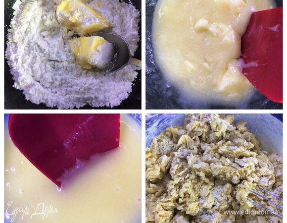 Готовим тесто для песочных коржей с медом.
Смешиваем сахарную пудру, мед и сливочное масло в емкости, которую ставим на водяную баню. Все аккуратно перемешиваем до полного растворения. Снимаем миску с «бани» и оставляем немного остужаться. Вводим куриное яйцо, щепотку соли и все энергично перемешиваем. Просеиваем муку вместе с содой. Добавляем к яичной-масляной смеси и перемешиваем ложкой.
