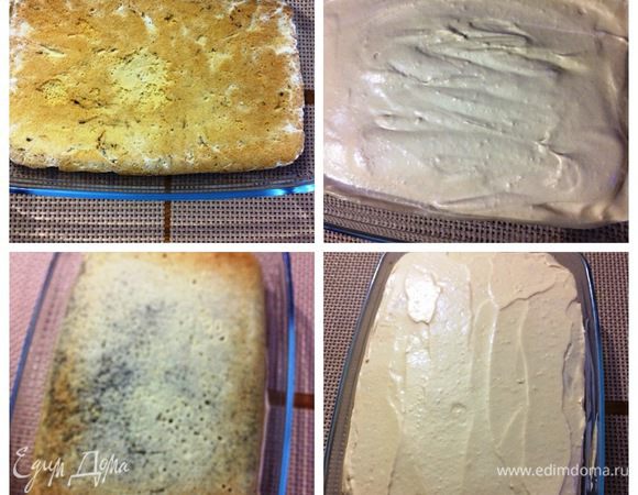 Сборка торта-пирожного. Я собирала в той же форме, что и коржи выпекала.
Укладываем в форму один песочный корж, щедро смазываем кремом, затем — маковый корж, также смазав кремом. И последний третий корж — еще один песочный, а сверху крем. Отправляем в холодильник минимум на 6 часов (у меня ночь простоял).
