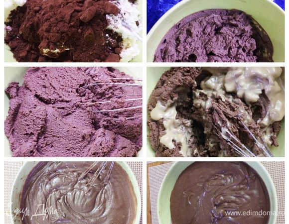 Творожный сыр (у меня была рикотта) смешиваем с сахарной пудрой и какао, взбивать не надо. Добавляем остывший шоколад.
Затем к шоколадной части крема начинаем понемногу добавлять остывший заварной крем (я для ускорения процесса охлаждения остужала в холодной воде). Тщательно все вымешиваем. В конце добавляем 2 ст. ложки коньяка. Крем готов. 