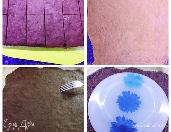 После охлаждения пласт теста я разделила на 12 равных частей. Каждый кусочек теста раскатывала на припыленной мукой рабочей поверхности в очень тонкий пласт так, чтобы потом можно было вырезать круг диаметром 25 см и остались обрезки, которые потом использовала в виде крошки для присыпки торта. Застелить противень пекарской бумагой и перенести корж, наколоть часто вилкой, чтобы не вздувался. Выпекать коржи при температуре 180°С минуты 4 (следим за своей духовкой).
Готовый еще горячий корж сразу обрезаем по тарелке/дно разъемной формы. 