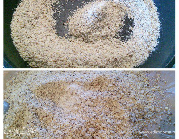 Займемся крокантом: для этого понадобится оставшийся фундук, его нужно измельчить и поджарить на сухой сковороде. Параллельно поставить ковшик с 3 ст. л. воды с сахаром, варить карамель до золотистого цвета. Добавить фундук, размешать с карамелью и проварить еще приблизительно 1 мин. Выложить крокант на пергамент и остудить, затем размолоть. Честно скажу, что с карамелью у нас дружба не сложилась, поэтому получилось так, что ореховый крокант молоть мне было не нужно. 