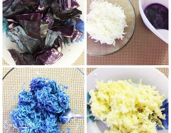 Т.к. я хотела оформить салат в виде Снегурочки, то нужно было «шубку» покрасить в голубой цвет. Сделать это можно при помощи сока красной капусты. У меня был небольшой вилок, я выжала сок при помощи соковыжималки. Отделяем белки от желтков. Натереть белки на мелкой терке и окрасить соком капустным. Картофель натереть на крупной терке.