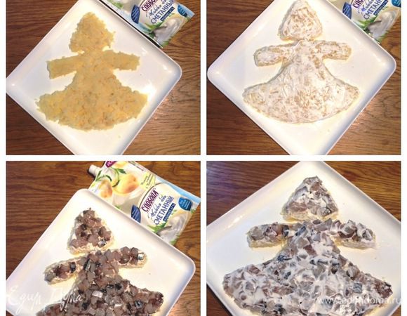 Начинаем собирать салат. Каждый слой будем смазывать сметанным майонезом ТМ «Слобода».
Первый слой — тертый картофель, смазываем майонезом.
Второй слой — скумбрия, майонез. 