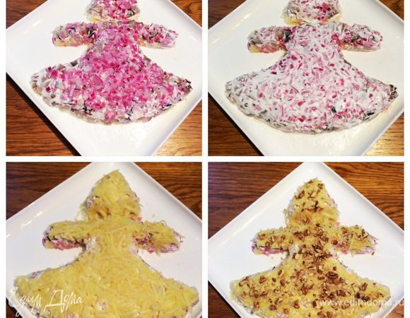 Третий слой — маринованный лук, майонез.
Четвертый слой — тертое на крупной терке яблоко (я посыпала еще рубленым грецким орехом, люблю его очень в салате, можно пропустить), майонез.