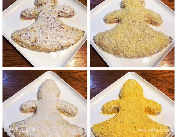 Пятый слой — тертый на мелкой терке твердый сыр (у меня голландский), майонез.
Шестой слой — тертый на мелкой терке желток, майонез.