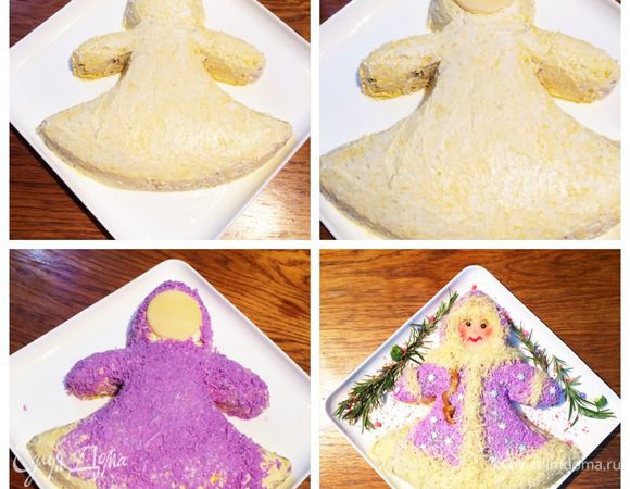 Начинаем оформлять салат в виде Снегурочки. Для лица я вырезала из платины сыра круг. Для глаз использовала 2 горошины черного перца. Глаза, губы и румяна нарисовала кисточкой при помощи гелевых пищевых красителей. Шубка — окрашенные куриные белки. Коса — сыр сулугуни в виде косички. И завершающий штрих для шубки — тертый на мелкой терке сыр. 
Изначально белок был голубой, но мне очень не нравился специфический запах сока капусты, я добавила немного лимонного сока, в итоге шубка совершенно другого цвета, но зато без запаха. 