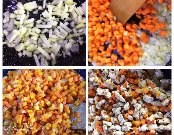 Вместо докторской колбасы, которую в советские времена использовали в салате, я использую куриное филе. Но чтобы оно было сочным и вкусным, я его тушу с луком и морковью.
Обжариваем на растительном масле лук до мягкости. Пока жарится лук, нарезаем морковь кубиками (размер выбираете сами, кто любит мельче, кто крупнее). Отправляем морковь в сковородку к луку и также тушим. Нарезаем кубиками куриное филе. Отправляем к овощам. Солим и перчим по вкусу и тушим до готовности, остужаем.