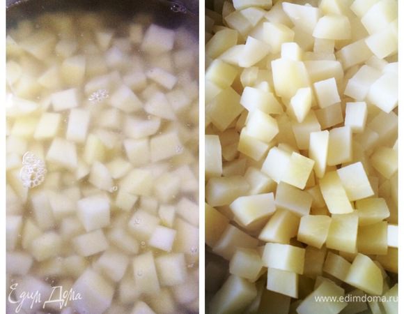 Пока тушится мясо, чистим картофель и нарезаем кубиком. Варим картофель в подсоленной воде с 1 столовой ложкой уксуса. Уксус не позволит картофелю развариться. Откидываем картофель на дуршлаг, даем воде стечь и остужаем. Варим вкрутую яйца, чистим.