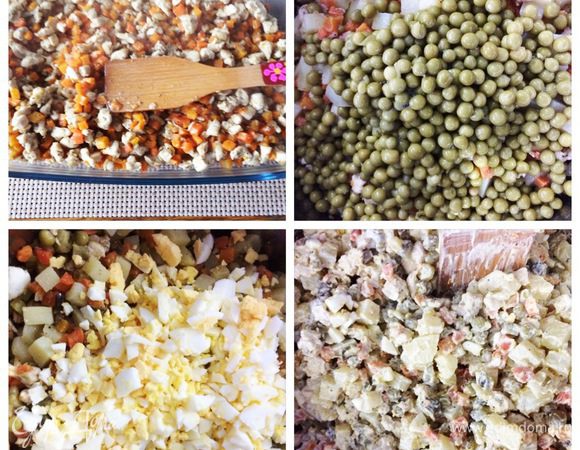 К остуженному мясу добавляем нарезанные яйца, горошек, нарезанные соленые огурцы. Все перемешиваем, добавляем майонез по вкусу, но немного меньше, чем обычно.