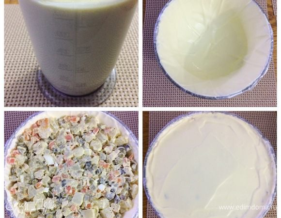 В приготовлении салата рекомендую  использовать майонез «Слобода» Провансаль. 
Часть используем для самого салата, а часть — для смазывания формы.
Замочить желатин минут на 10. Затем распустить его на водяной бане, остудить. Форму, в которую будем укладывать салат (у меня обычный салатник стеклянный), оборачиваем пленкой и отправляем в морозилку остужаться, она должна быть очень холодной.
Смешиваем майонез с остывшим желатином. Вынимаем форму из морозилки. Наливаем майонезное желе в форму и аккуратно тонким слоем распределяем по всей форме. Т.к. форма холодная, то майонез достаточно быстро начнет схватываться. Укладываем салат в форму, сверху распределяем тонким слоем майонез. оборачиваем пленкой и отправляем в холодильник на несколько часов, до полного застывания).
У меня из этого количества ингредиентов получилось два салатника для праздничного стола.

