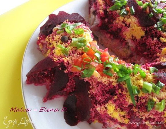 Украсить пластинками свеклы, моркови, желтком, мелко нарезанным зеленым луком. Счастливых праздников и приятного аппетита!