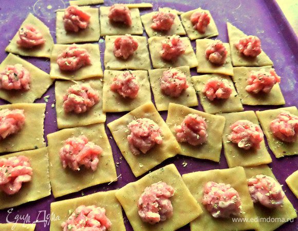 Распределяем по комочку фарша на каждый квадратик. Края смочить водой. Посыпать начинку специями, травами.