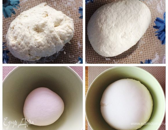 Тесто вымешивать нужно минут 10. Минут через 5 тесто начинает менять структуру и становится таким мягким и шелковистым, это видно на фото. Готовое тесто оставляем отдыхать и подниматься в теплом месте на 1 час. Через час у меня тесто увеличилось в объеме в два раза.