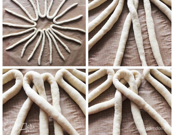 Каждый жгут складываем пополам, как подкову, и выкладываем жгуты по кругу, чтобы получилось солнышко, на бумаге для выпечки. 
Теперь мысленно делим все «лучики» на 5 частей. Каждая из пяти частей будет состоять из 4 лучей.
Плетем косу из 4 лучей. Сначала перекрещиваем центральные жгуты. Потом крайний левый положить сверху. А крайний правый подкладываем снизу. Повторяем процедуру пока не заплетем косу. 