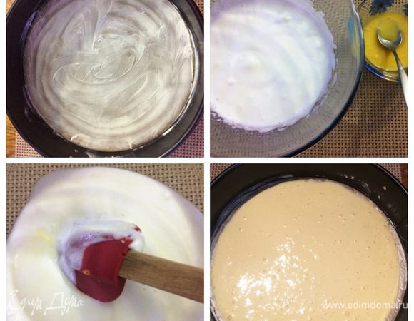 Готовим бисквит: разогреваем духовку до 180°С. Форму застелить пекарской бумагой, смазать маслом. Делим яйцо на белок и желток. Взбиваем белок с сахаром и лимонным соком до пышности. Желток чуть взбить вилкой с щепоткой соли и с помощью лопаточки вмешиваем осторожно в белки. Добавляем просеянную муку, аккуратно перемешиваем. Тесто выкладываем в форму, разравниваем, сверху слегка присыпаем мелким сахаром. Выпекаем около 8 — 10 минут.