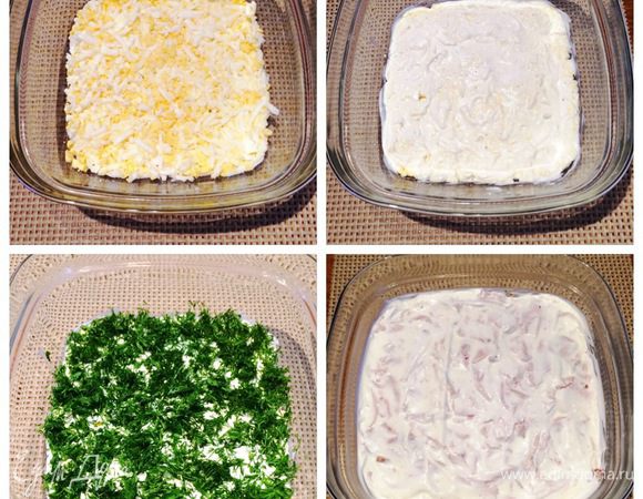 Приготовим заправку для салата, смешав по вкусу майонез со сметаной, посолить и поперчить. Огурец маринованный (можно заменить на свежий) и мясо перепелки (или копченное куриное филе) нарезать соломкой.
Собираем салат в салатнике. Натереть яйца на крупной терке, смазать заправкой. Сверху укладываем рубленную зелень по своему вкусу (у меня укроп).  
Следующий слой грибы с луком — заправка. 
Огурец маринованный — заправка,  мясо — заправка.
Салат готов. 
