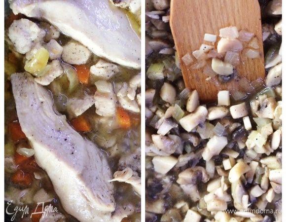 Грибы и куриное филе я тушила с луком и морковью.  