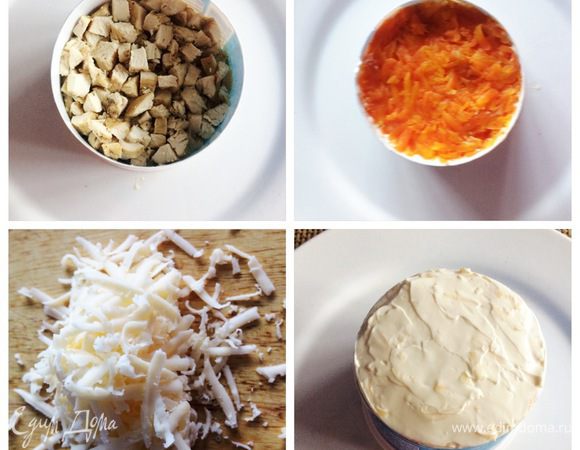 На слой картофеля добавляем слой жареных с луком грибов.
Охлажденное куриное филе нарезаем на кубики. И укладываем поверх грибов, добавляем немного майонеза.
Следующий слой — это тертая вареная морковь, майонез. И последний слой — сыр, который также промазываем майонезом.
Отправляем салат на пару часов в холодильник.