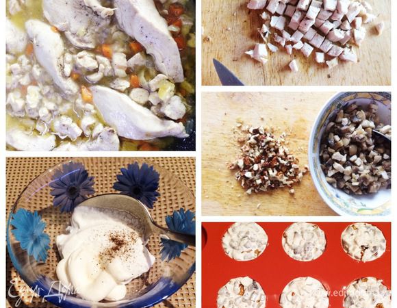 Параллельно я тушила куриное филе с луком и морковью в одной сковороде. А в другой — шампиньоны, нарезанные кубиком, с луком. Перчим и солим все по своему вкусу.
Готовое филе нарезаем кубиком и смешиваем с грибами, добавив горсть рубленых грецких орехов. 1/2 ч. л. желатина заливаем небольшим количеством воды, даем набухнуть минут 5 — 10. Затем нагреваем на водяной бане до полного растворения желатина (не кипятим).
Берем по 2 ложки сметаны и майонеза, смешиваем, солим и перчим. К полученной массе добавляем остывший желатин, перемешиваем. Сметанно-желатиновую смесь добавляем к мясу с грибами и опять все перемешиваем. Раскладываем в силиконовую форму меньшего размера, это будет наша начинка внутри пирожного — сюрприз. Отправляем застывать в холодильник. Я для ускорения процесса отправила в морозилку. 
