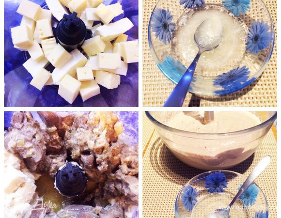 Дальше готовим основную часть нашего пирожного. 1 ч. л. желатина заливаем водой, даем желатину набухнуть, после чего распускаем на водяной бане. В блендер закладываем два вида сыра и сметану, измельчаем. Затем туда же отправляем остывшую готовую печень, также измельчаем. Мой блендер не справлялся, я перелила в миску массу и пробила ее хорошенько погружным до полного измельчения.