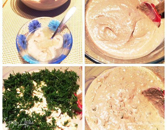 К остывшему желатину добавляем немного печеночной массы, перемешиваем и уже затем отправляем в миску со всей печенью, тщательно перемешиваем. На этом можно и остановиться, но я решила добавить еще рубленый свежий укроп и горсть орехов кешью. Основная масса пирожного готова.