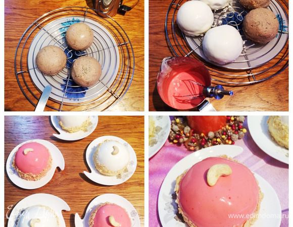 Три пирожных я покрыла белой сметанной глазурью, а два решила сделать розовыми, добавив в смесь немного свекольного сока. Вот в итоге, что получилось. 