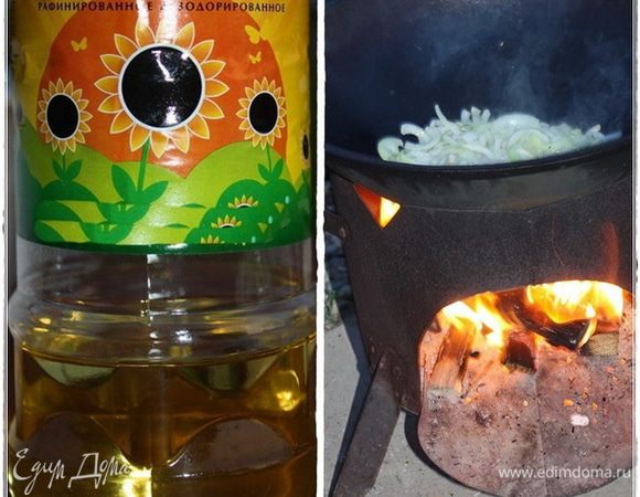 А дальше, как водится маслица растительного в казан плеснем. Раскалить его немного и лук туда выложить.