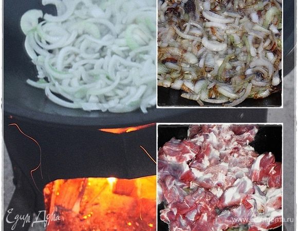 А потом, постоянно помешивая, чтобы не подгорел, запрозрачнить его. Огонь, кстати, держим сильный. Чтобы жар поддерживать. И мясо туда! Перемешивая, обжариваем мясо до корочки.