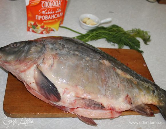 Карпа почистите, выпотрошите, удалите жабры, промойте холодной водой, обсушите полотенцем, и внутри и снаружи посыпьте солью. Отправьте рыбу в холодное место и займитесь начинкой.