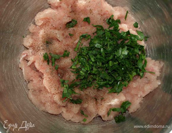 Филе индейки измельчить, добавить мелко нашинкованную петрушку, соль, молотый мускатный орех, перец по вкусу. Перемешать. Специи и приправы можно добавлять любые по своему вкусу. 