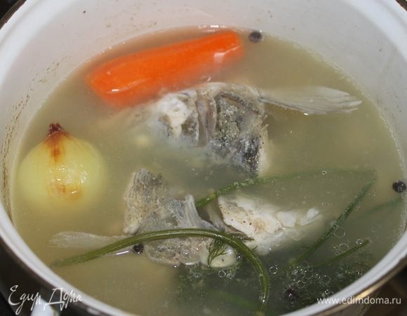 Отделите голову, плавники и хвост, залейте холодной водой, добавьте морковь, лук, веточки укропа и специи. Варите наваристый бульон на медленном огне в течении 30 минут.