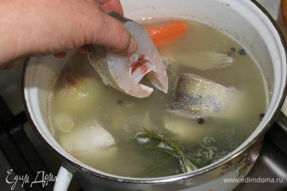 Через 30 минут добавьте в рыбный бульон нарезанное на кусочки филе судака и продолжайте варить еще 20 минут. Обязательно снимайте пену.