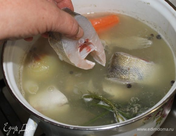 Через 30 минут добавьте в рыбный бульон нарезанное на кусочки филе судака и продолжайте варить еще 20 минут. Обязательно снимайте пену.