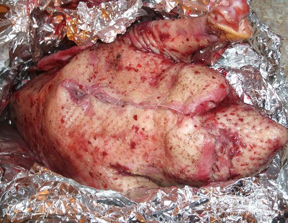 Зашить брюшко гуся нитками или сколоть зубочистками.