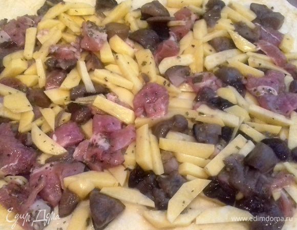 Противень смазать растительным маслом. Чуть больше половины теста распределить ровным слоем по противню. Сверху равномерно распределить начинку. 