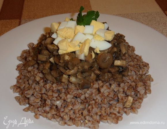 Гречка готова. Заправка готова. Вареные яйца почистить, нарезать кубиками. Собираем тарелочку. Выложить гречку горкой, смазать кусочком сливочного масла. Сверху выложить грибы с луком и порезанные яйца. Очень вкусно и сытно, а главное — быстро и красиво! Приятного аппетита!