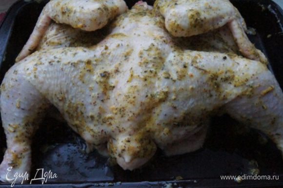 Курицу хорошо вымыть, обсушить салфетками и щедро с обеих сторон смазать маринадом. Убрать в холодильник мариноваться на 2 часа.