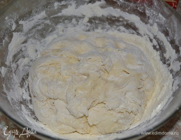 Замесить тесто. На коврик для теста высыпать оставшуюся муку и выложить туда полученную массу. 