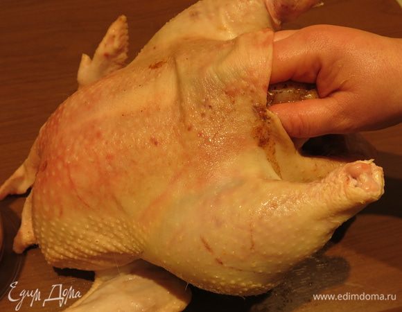 Индюшку промоем, вытащим внутренности (вес тушки после обработки 3,5 кг) и остатки перьев, срезаем жир. Подденем чуть кожу и массажными движениями распределим специи, снаружи специями не обрабатываем, только под кожей и внутри. Основу рецепта взяла у шефа Сергея Калинина, внесла некоторые корректировки.