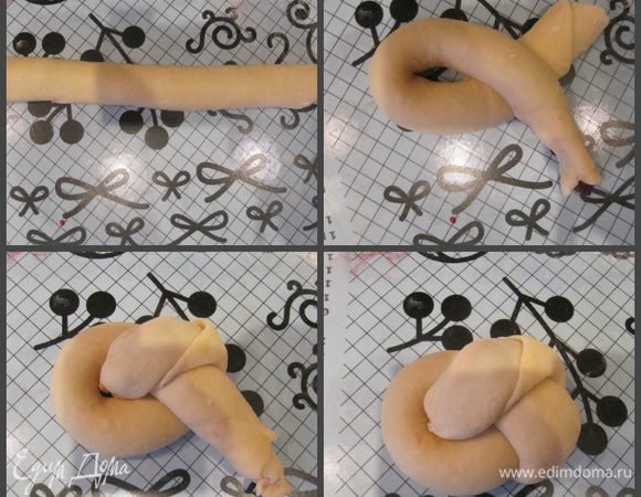 Скрутить тесто в тонкий жгут, защипнуть края и завернуть его в узел.